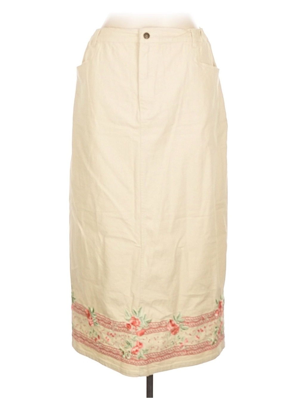 Denim&Co Vintage 90s Denim Cream Maxi Skirt with Pink Floral Embroidery, Sz L - Picture 2 of 3